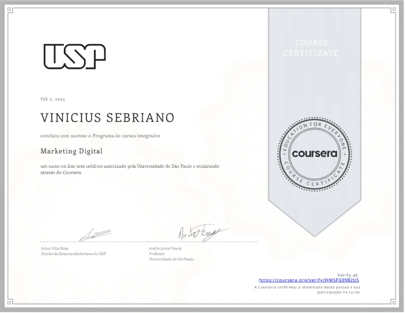 Certificado de Marketing Digital da Universidade de São Paulo (USP), emitido pelo Coursera